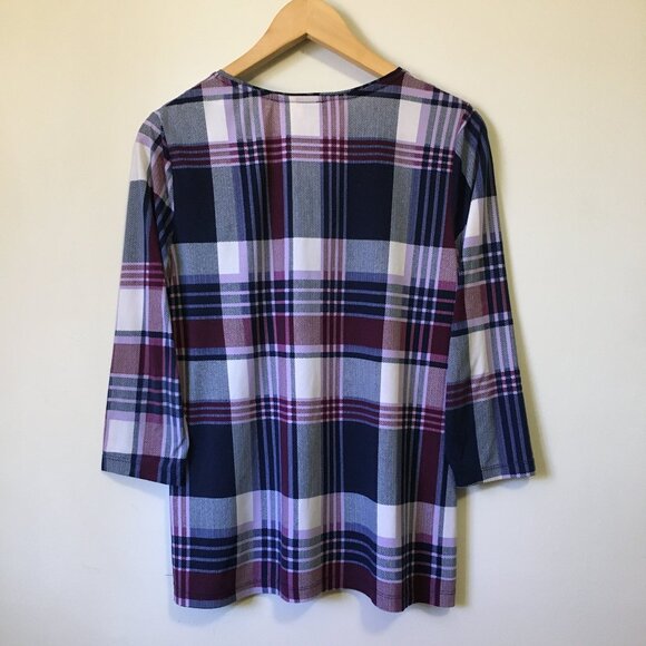 Stretchy Plaid Print 3/4 Sleeve Pullover Top - Picture 2 of 16